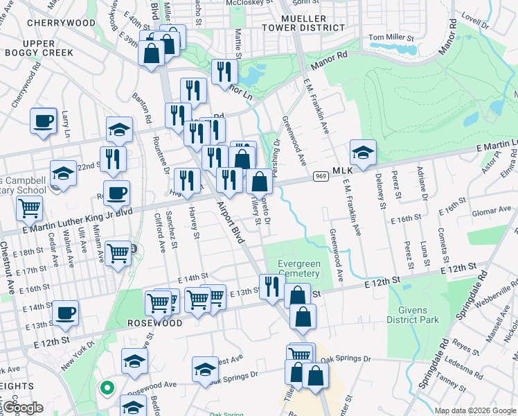 map of restaurants, bars, coffee shops, grocery stores, and more near 1806 Loreto Drive in Austin