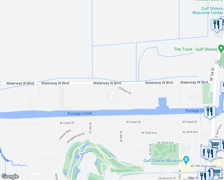 map of restaurants, bars, coffee shops, grocery stores, and more near 2712 Bienville Avenue in Gulf Shores
