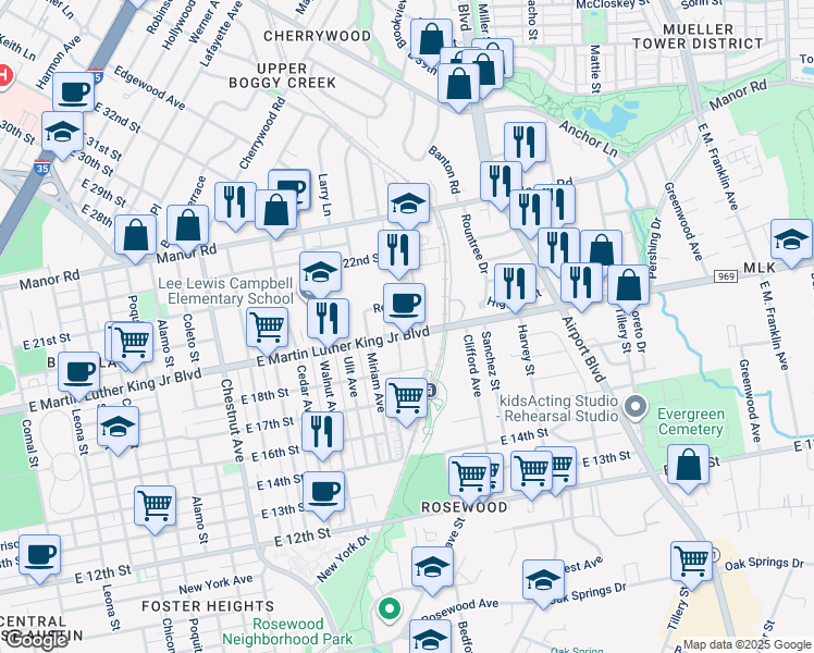 map of restaurants, bars, coffee shops, grocery stores, and more near 2834 East Martin Luther King Junior Boulevard in Austin
