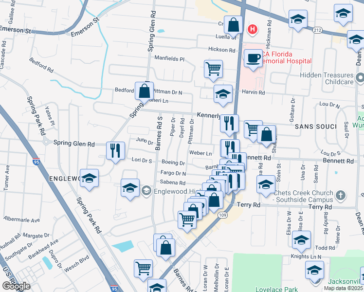 map of restaurants, bars, coffee shops, grocery stores, and more near 4133 Dayrl Road in Jacksonville