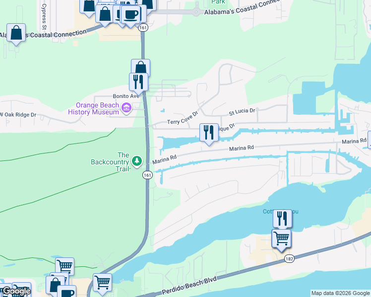 map of restaurants, bars, coffee shops, grocery stores, and more near 26197 Marina Road in Orange Beach