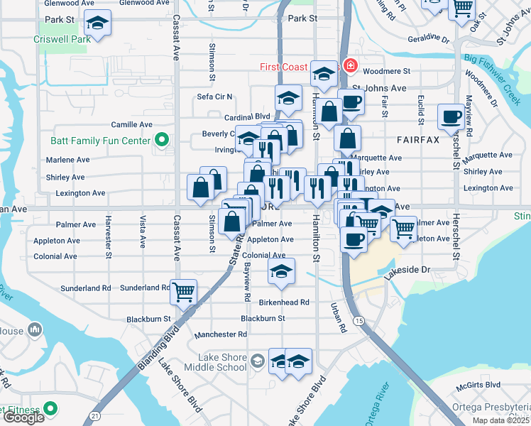 map of restaurants, bars, coffee shops, grocery stores, and more near 4612 San Juan Avenue in Jacksonville