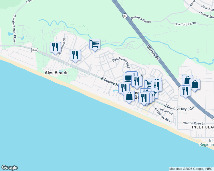 map of restaurants, bars, coffee shops, grocery stores, and more near 35 Sandy Shores Court in Panama City Beach