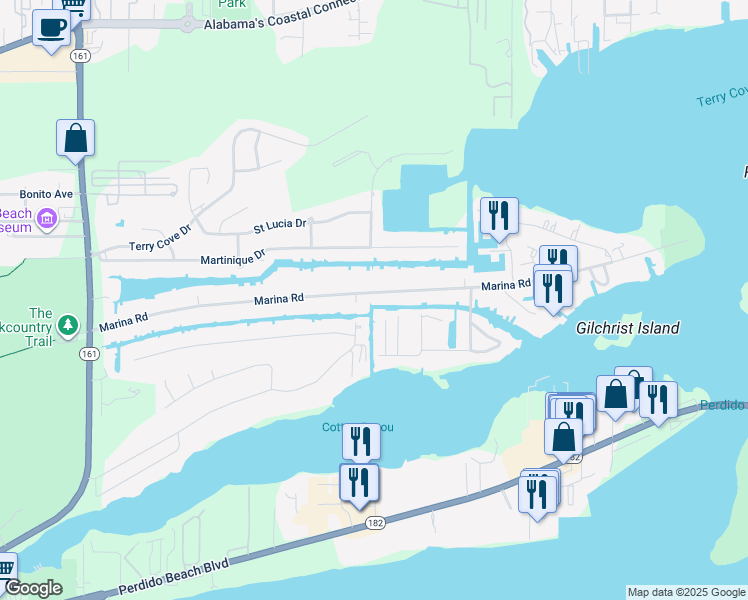 map of restaurants, bars, coffee shops, grocery stores, and more near 26714 Marina Road in Orange Beach