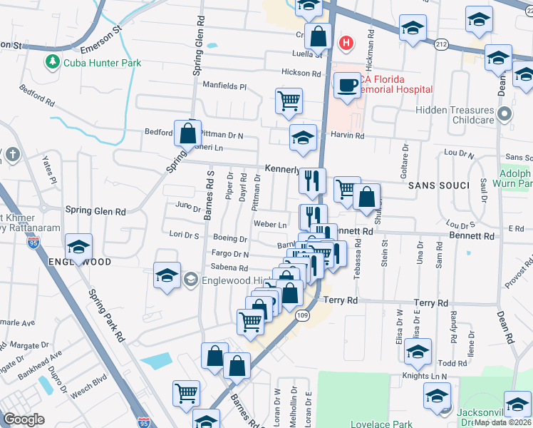map of restaurants, bars, coffee shops, grocery stores, and more near 5650 Flagstaff Road in Jacksonville