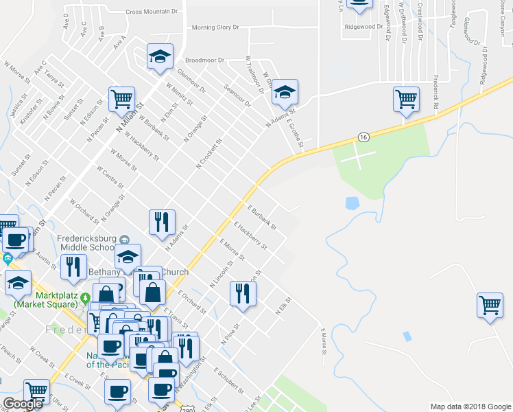 map of restaurants, bars, coffee shops, grocery stores, and more near 204 East Burbank Street in Fredericksburg