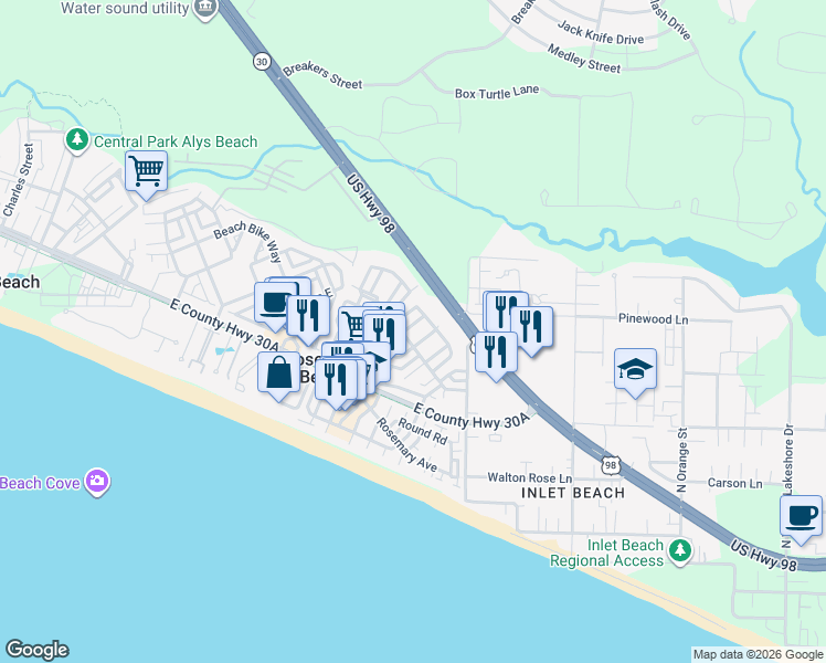 map of restaurants, bars, coffee shops, grocery stores, and more near 43 Hamilton Lane in Panama City Beach