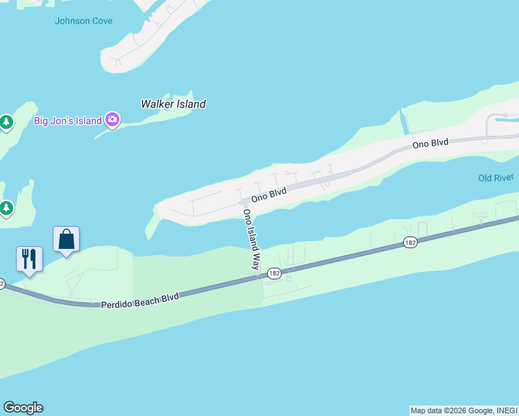 map of restaurants, bars, coffee shops, grocery stores, and more near 28700 Ono Blvd in Orange Beach