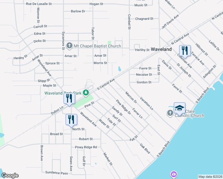 map of restaurants, bars, coffee shops, grocery stores, and more near 271 Farrar St in Waveland