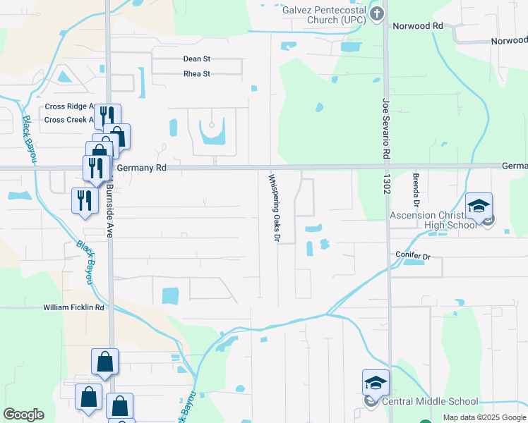 map of restaurants, bars, coffee shops, grocery stores, and more near 14458 Lazy Oaks Drive in Gonzales