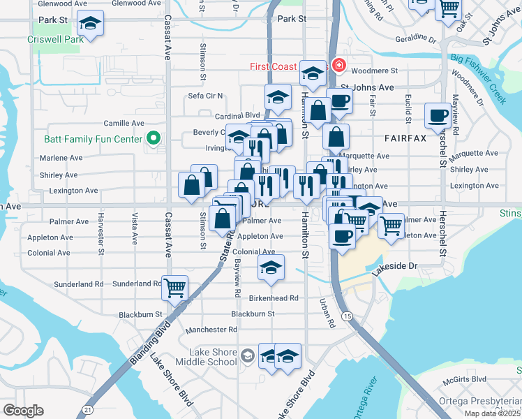 map of restaurants, bars, coffee shops, grocery stores, and more near 4612 San Juan Ave in Jacksonville