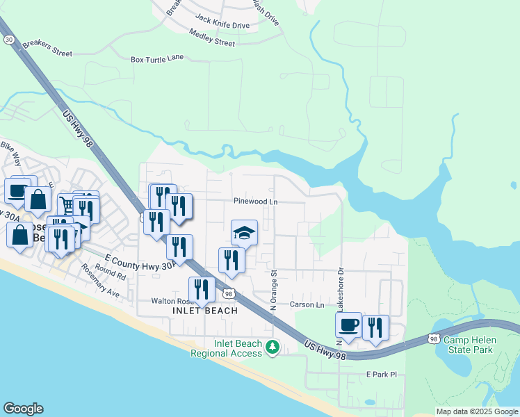 map of restaurants, bars, coffee shops, grocery stores, and more near 76 Sandpine Loop in Rosemary Beach