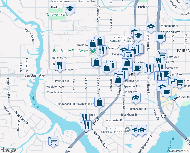 map of restaurants, bars, coffee shops, grocery stores, and more near 5014 San Juan Avenue in Jacksonville