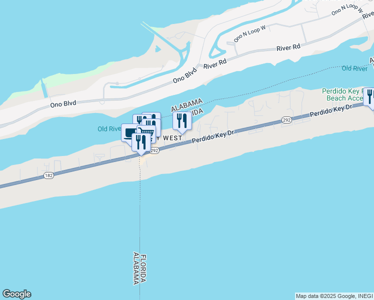 map of restaurants, bars, coffee shops, grocery stores, and more near 17285 Perdido Key Drive in Pensacola