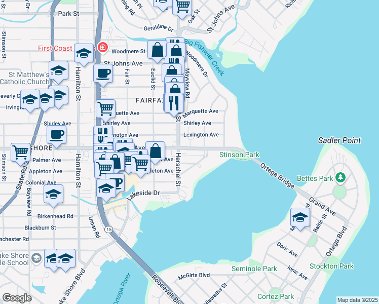 map of restaurants, bars, coffee shops, grocery stores, and more near 4174 San Juan Avenue in Jacksonville