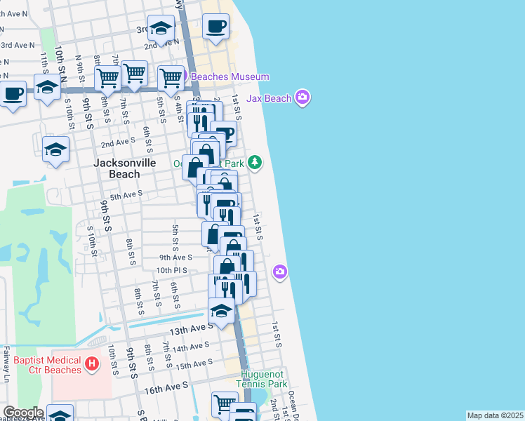 map of restaurants, bars, coffee shops, grocery stores, and more near 722 Ocean Front South in Jacksonville Beach