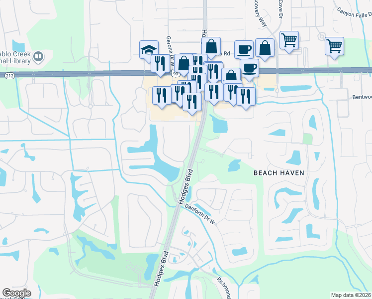 map of restaurants, bars, coffee shops, grocery stores, and more near 3749 Casitas Drive in Jacksonville