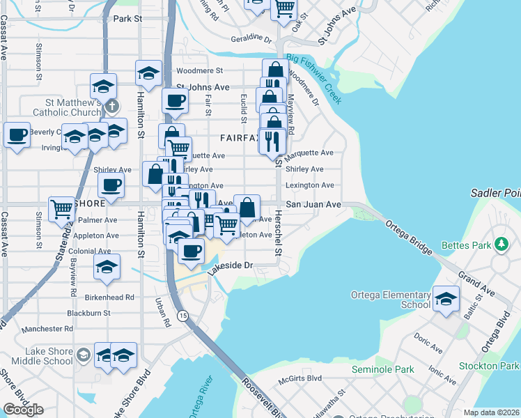 map of restaurants, bars, coffee shops, grocery stores, and more near 4218 San Juan Avenue in Jacksonville