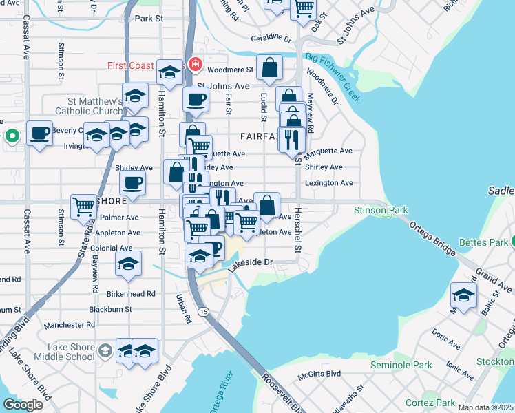 map of restaurants, bars, coffee shops, grocery stores, and more near 4256 San Juan Avenue in Jacksonville