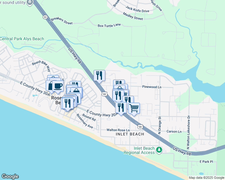 map of restaurants, bars, coffee shops, grocery stores, and more near 127 West Shore Place in Walton County
