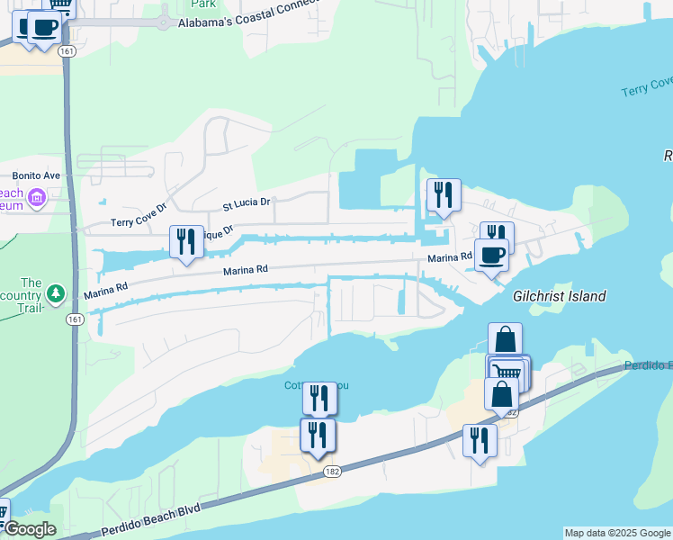 map of restaurants, bars, coffee shops, grocery stores, and more near 26726 Marina Road in Orange Beach