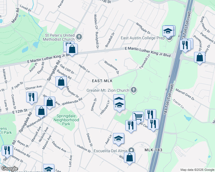 map of restaurants, bars, coffee shops, grocery stores, and more near 1813 Webberville Road in Austin