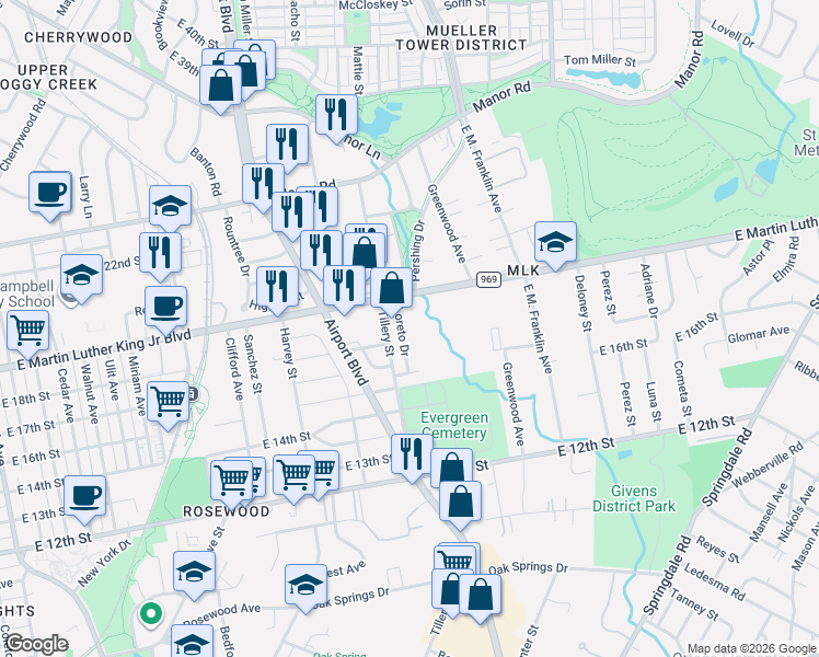 map of restaurants, bars, coffee shops, grocery stores, and more near 1806 Loreto Drive in Austin