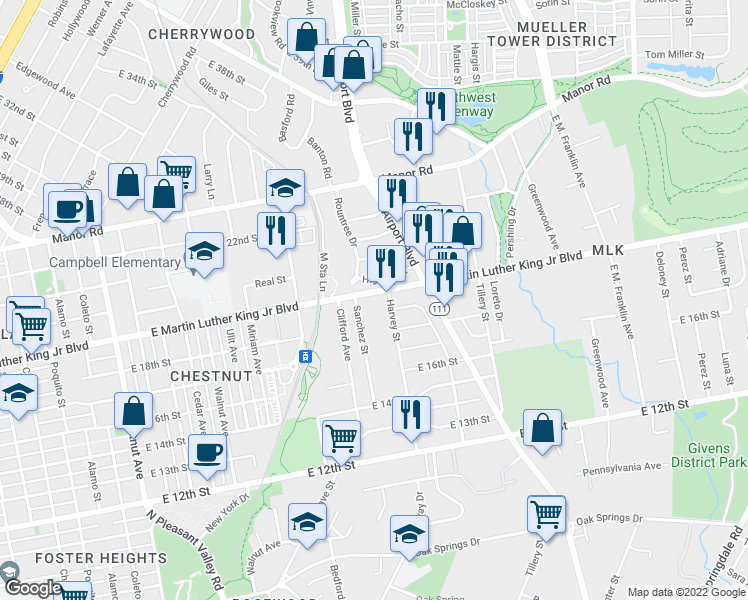map of restaurants, bars, coffee shops, grocery stores, and more near 3001 East Martin Luther King Junior Boulevard in Austin