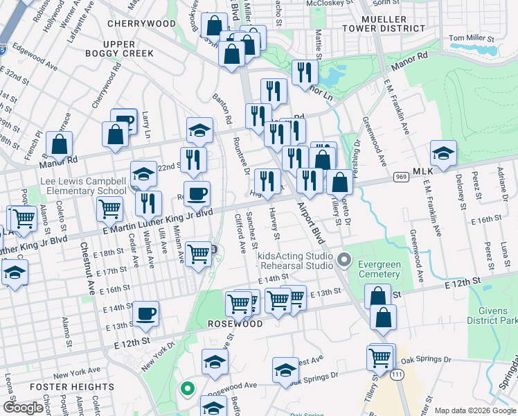 map of restaurants, bars, coffee shops, grocery stores, and more near 2925 East Martin Luther King Junior Boulevard in Austin