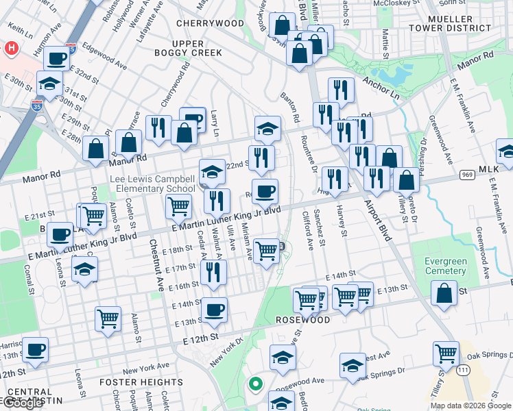 map of restaurants, bars, coffee shops, grocery stores, and more near 2834 East Martin Luther King Junior Boulevard in Austin