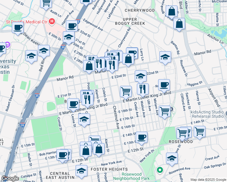 map of restaurants, bars, coffee shops, grocery stores, and more near 2007 Chestnut Avenue in Austin