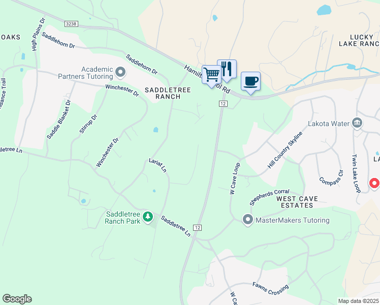 map of restaurants, bars, coffee shops, grocery stores, and more near 116 Horseshoe Drive in Dripping Springs