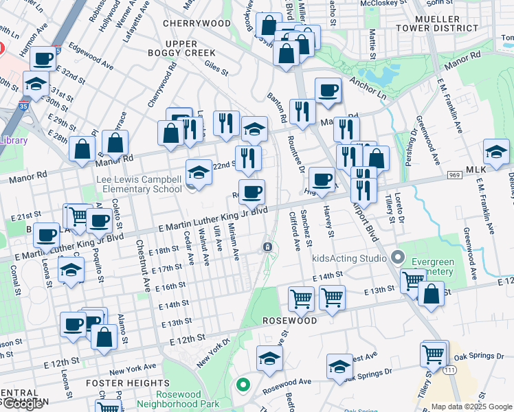 map of restaurants, bars, coffee shops, grocery stores, and more near 2834 East Martin Luther King Junior Boulevard in Austin