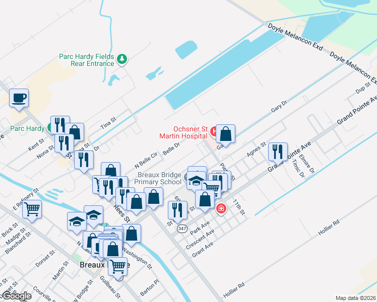 map of restaurants, bars, coffee shops, grocery stores, and more near 834 Belle Drive in Breaux Bridge