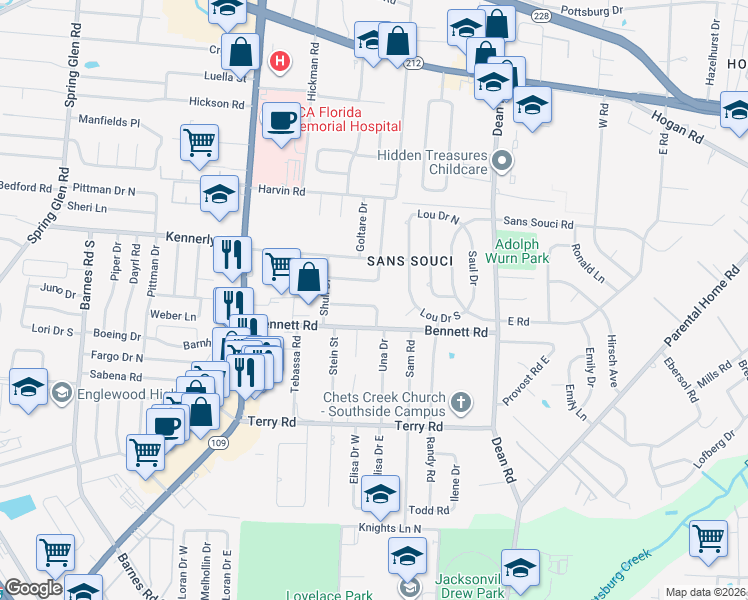 map of restaurants, bars, coffee shops, grocery stores, and more near 6329 Stetler Drive in Jacksonville