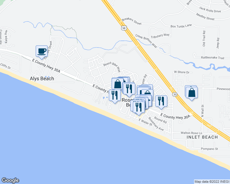 map of restaurants, bars, coffee shops, grocery stores, and more near 50 Trigger Trail East in Rosemary Beach
