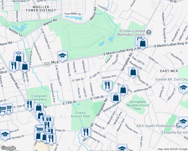 map of restaurants, bars, coffee shops, grocery stores, and more near 4201 Leslie Avenue in Austin