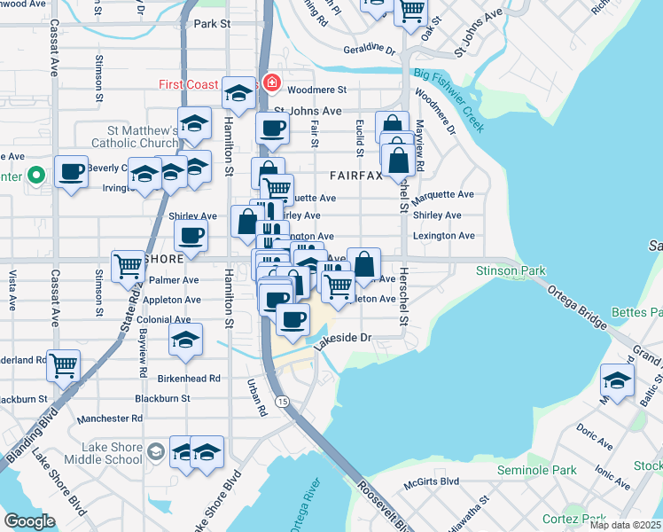 map of restaurants, bars, coffee shops, grocery stores, and more near 4342 San Juan Avenue in Jacksonville