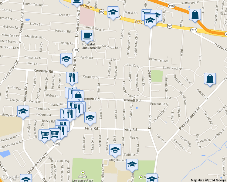 map of restaurants, bars, coffee shops, grocery stores, and more near 6329 Stetler Dr in Jacksonville