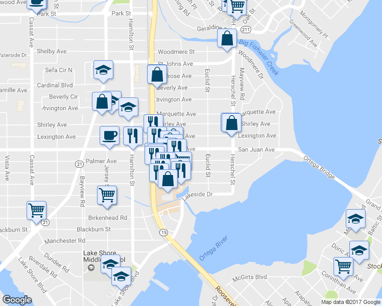 map of restaurants, bars, coffee shops, grocery stores, and more near 4342 San Juan Ave in Jacksonville