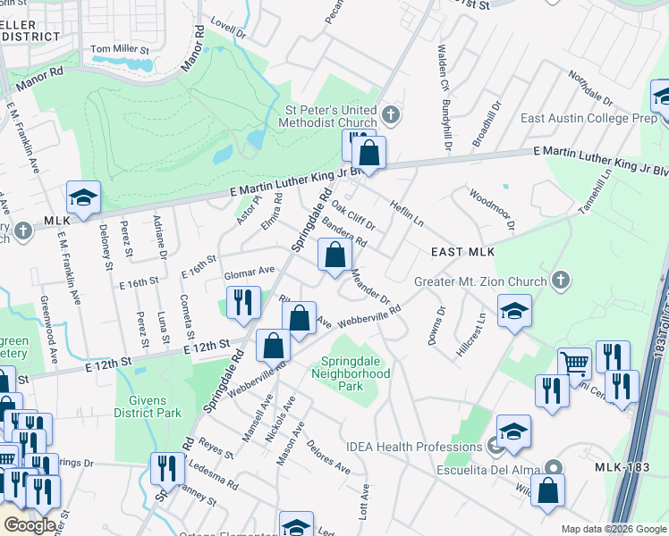 map of restaurants, bars, coffee shops, grocery stores, and more near 1603 Berene Avenue in Austin
