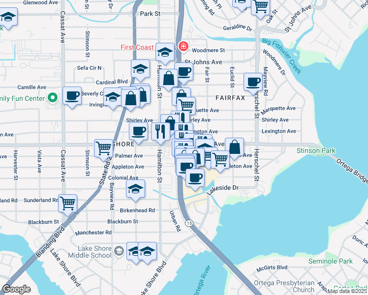 map of restaurants, bars, coffee shops, grocery stores, and more near 2241 Roosevelt Boulevard in Jacksonville