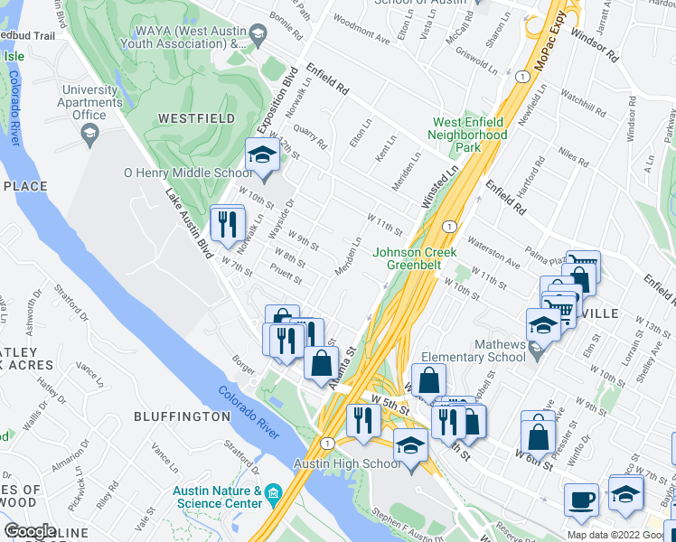 map of restaurants, bars, coffee shops, grocery stores, and more near West 9th Street & Meriden Lane in Austin