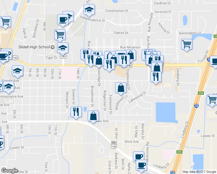 map of restaurants, bars, coffee shops, grocery stores, and more near 1415 Eastwood Drive in Slidell