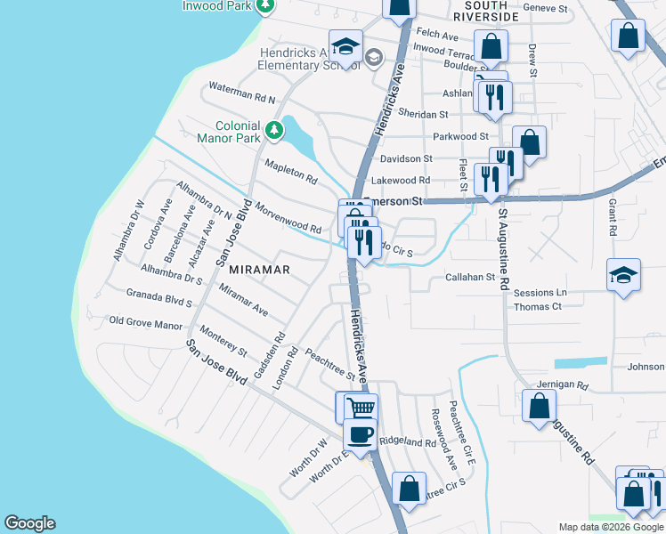 map of restaurants, bars, coffee shops, grocery stores, and more near 1354 Woodward Avenue in Jacksonville