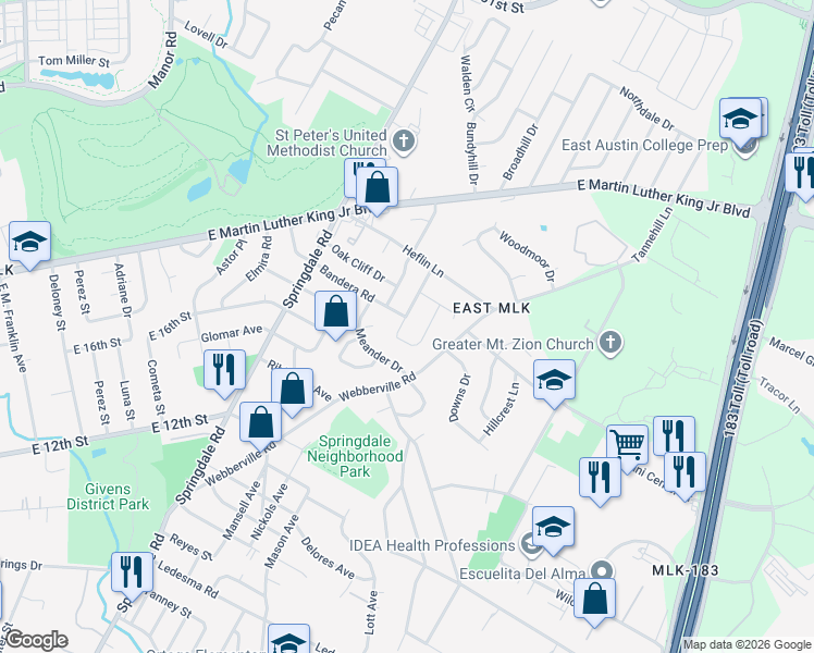 map of restaurants, bars, coffee shops, grocery stores, and more near 1717 Adina Street in Austin