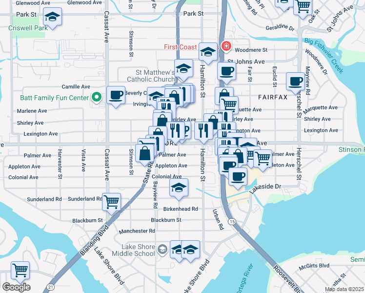 map of restaurants, bars, coffee shops, grocery stores, and more near 4570 San Juan Avenue in Jacksonville
