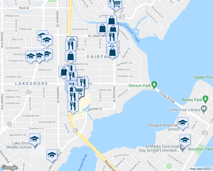 map of restaurants, bars, coffee shops, grocery stores, and more near 4234 San Juan Avenue in Jacksonville