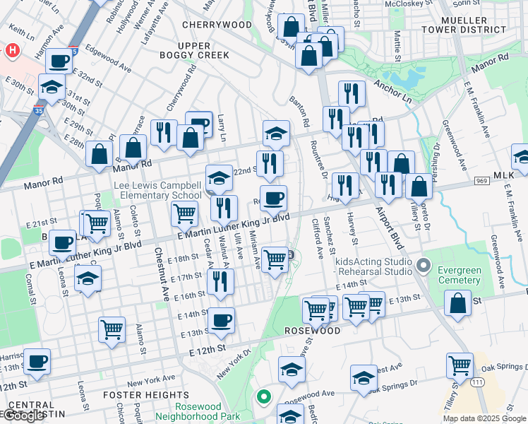 map of restaurants, bars, coffee shops, grocery stores, and more near 2834 East Martin Luther King Junior Boulevard in Austin