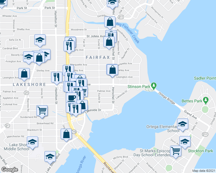 map of restaurants, bars, coffee shops, grocery stores, and more near 4218 San Juan Ave in Jacksonville